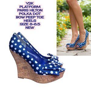 Y2K VTG. POLKA DOT BOW PARIS HILTON PEEP TOE PLATFORM HEELS WEDGES SZ. 8-8.5 NEW